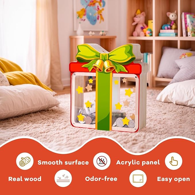 Wooden Christmas Piggy Bank for Kids, Gift Box Piggy Bank with Acrylic Panels, Unbreakable Toddler Money Box for Boys Girls, DIY Kids Safe Coin Bank with Letter Sticker