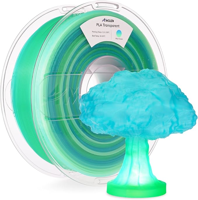 AMOLEN PLA 3D Printer Filament, PLA Filament 1.75mm Transparent Blue Green, with Light Transmission Feature, Compatible with Most FDM Printer, 1KG/2.2lb