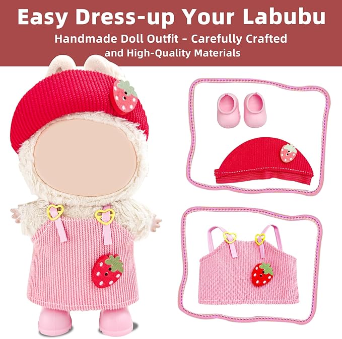 17cm Doll Clothes Set—3 Piece Set Hat Dress for 6.7in Plush Dol , Boys and Girls Stylish Adorable Dolls Clothes Accessories, Includes—Strawberry hat+Halter Dress+Shoes (Style C)