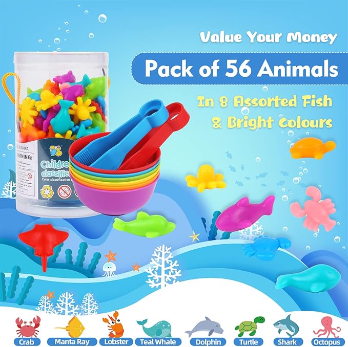 LOKIPA Counting Ocean Animal Toys, Color Sorting Set Ocean Animal Matching Game with Rainbow Sorting Cups Learning Activities Educational Sensory Toys for Toddlers Kids Ages 3 Years and Up