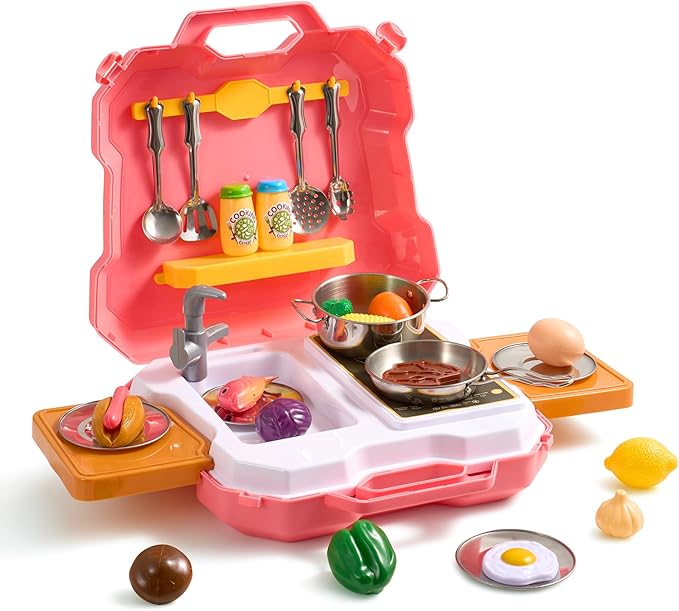 MINDNOOK Kids Kitchen Playset, 35Pcs Kitchen Sink Pretend Play Cooking Toys with Utensils, Stainless Steel Pots & Pans Play Food Sets for Kids, Learning Gift for Toddlers, Boys, Girls Ages 3+