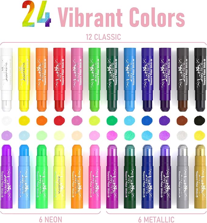 24 Colors Tempera Paint Sticks with 120 PDF Coloring Pages and 30 Stickers, Quick Drying, Smooth, Non-Toxic and Washable Paint Sticks for Kids Drawing on Pumpkin, Wood, Rock, Glass