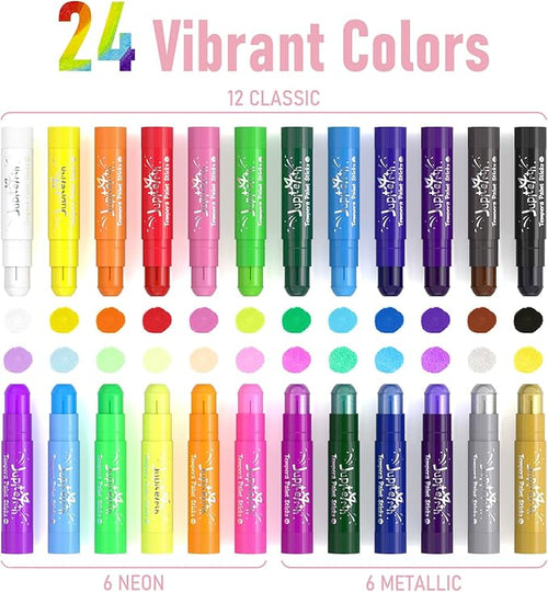 24 Colors Tempera Paint Sticks with 120 PDF Coloring Pages and 30 Stickers, Quick Drying, Smooth, Non-Toxic and Washable Paint Sticks for Kids Drawing on Pumpkin, Wood, Rock, Glass