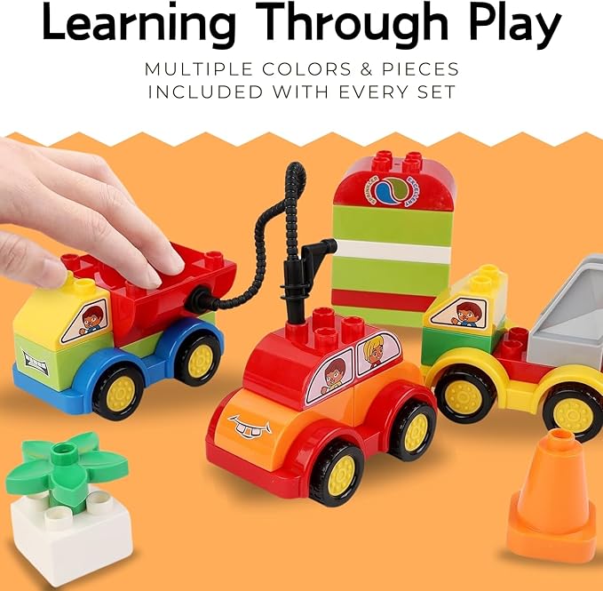 Liberty Imports 70 Pcs Toddlers Car Big Building Blocks Set, 12Pcs Different Vehicles, Kids Build Your Own Toy Cars, Compatible with Major Brands