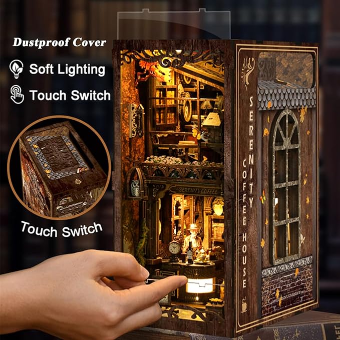 ISSEVE Book Nook Kit, DIY 3D Wooden Puzzle Dollhouse Booknook for Adults, Tiny Miniature House Kit Bookshelf Decor with LED Light and Dust Cover, Gifts for Family and Friends (Coffee House)