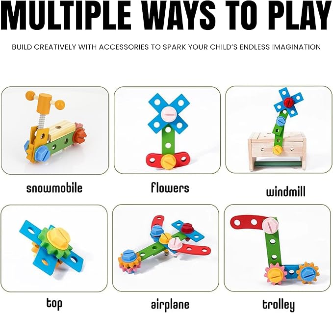 Kids Tool Set – 35 Pieces Wooden Toddler Tool with Box – Montessori STEM Educational Pretend Play Construction Toy for 3 to 13 Year Old Boys Girls – Best Birthday Gift