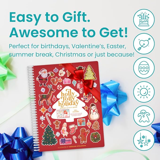 CUPKIN Holly Jolly Holiday Stickers for Kids Toddler Sticker Book, Santa Christmas Activity Book, Toddler Travel Essentials, 300+ Christmas Stickers + 8 Sticker Scenes and Coloring Pages