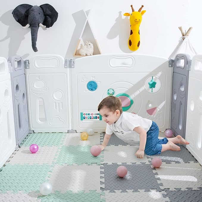 Foam Floor Mats for Kids, 12 x 12 Inch 16 Tiles 0.4" Thickness Foam Play Mat, Non-Toxic Square Interlocking Floor Mats Rubber Baby Play Mat for Toddlers(White/Gray/Bean Green)