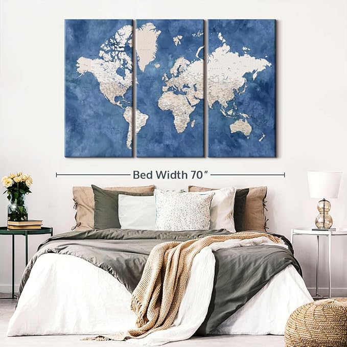 ElephantStock Detailed World Map With Cities I Wall Art - Horizontal Canvas - 3-Piece Living Room Decor - Watercolor Map Canvas Print - Beige and Blue Wall Decor by Blursbyai - 65" X 42"