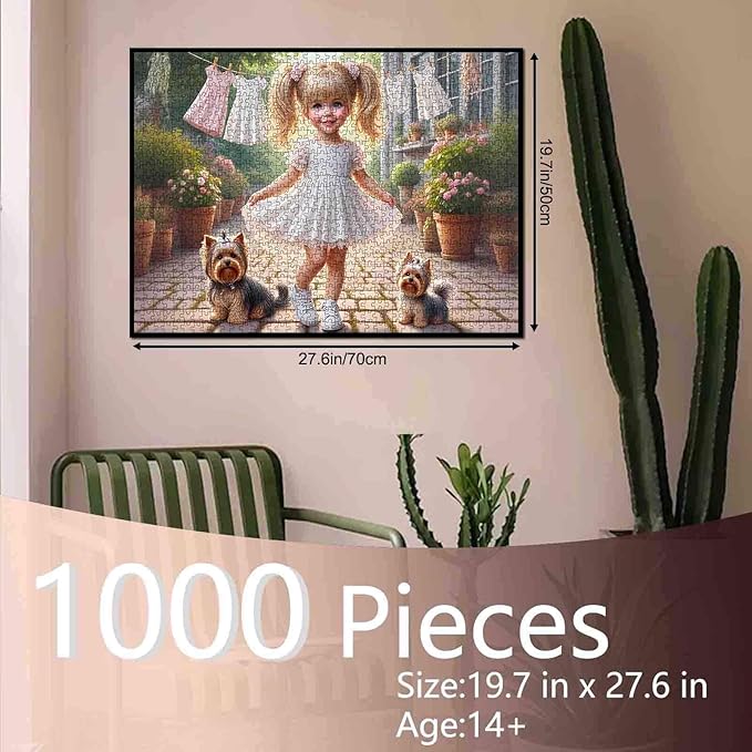 Tucocoo 1000 Piece Jigsaw Puzzle for Adults, Cute Girl with Yorkie Dogs in Flower Garden – Whimsical Courtyard, Vintage Aesthetic Puzzle for Relaxation, Family Games DIY Crafts Puzzles Wall Art Gifts