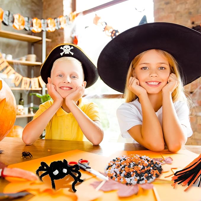 Hicarer 1250 Pieces Halloween Pony Beads DIY Kit Including 600 Pieces Halloween Crafts Pony 600 Pcs TRI Beads 50 Pcs Chenille Stems for Decor