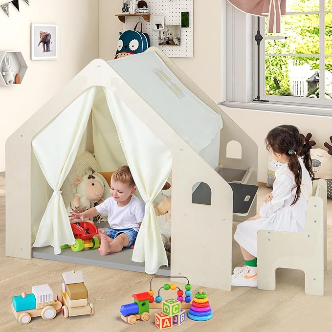 Costzon Kids Tent, 6-in-1 Wooden Frame Play House with Table and Chair Set, Blackboard, Side Storage Bag & Soft Floor Mat, Indoor Playhouse for Boys Girls Aged 2-6 Years Old