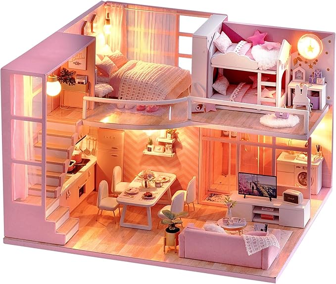 CUTEROOM DIY Miniature Dollhouse Kit with Furniture,Wooden Doll House with Music Movement & LED Lights,DIY House Kit Christmas Birthday Gifts -Dream Angel