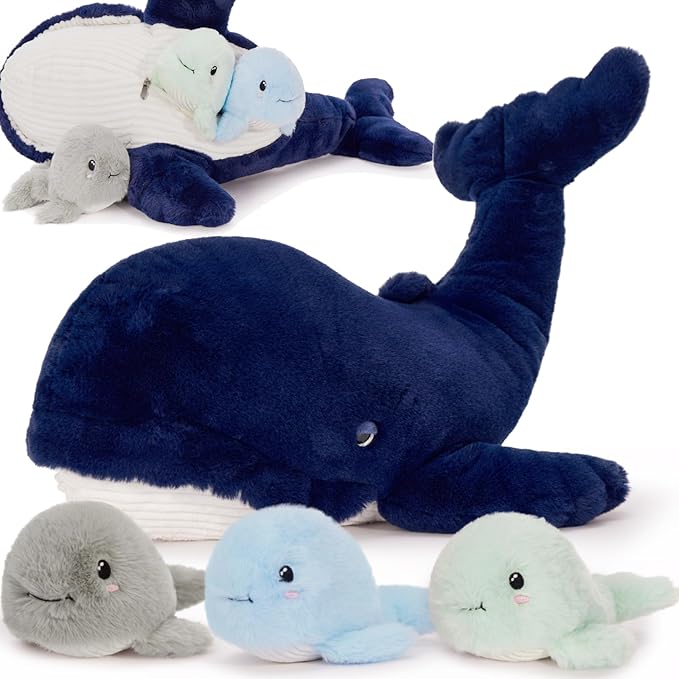 MaoGoLan Blue Whale Plush Toy Stuffed Animals Bulk for Kids, 20 Inch Giant Stuffed Whale Mommy with 3 Babies Inside - Under The Sea Party Favors Christmas Valentine's Day Birthday Gift