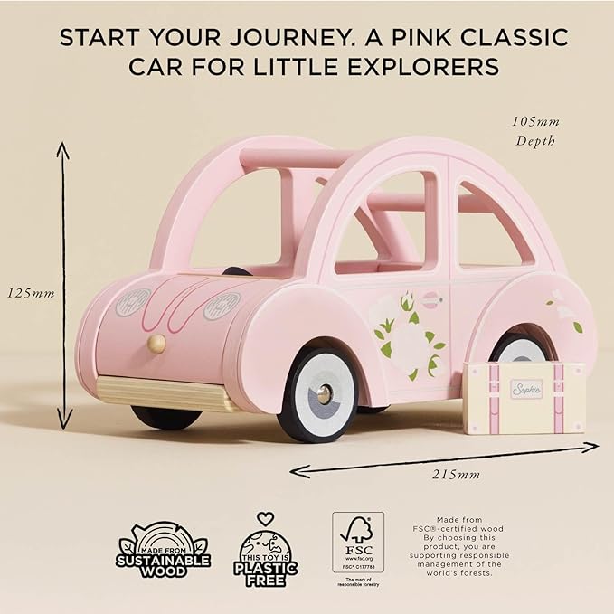 Le Toy Van - Wooden Daisylane Sophie's Car Accessories Play Set for Dolls Houses - Wooden Car Toy with Luggage Accessory - Dollhouse Accessories - Suitable for Ages 2+,Bright Pink, Medium