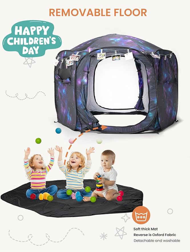 Kids Pop Up Play Tent with Fairy Lights, Hexagonal House with Removable Mat, Indoor Playhouse for Children, Galaxy Theme Gift for 3-4 Kids