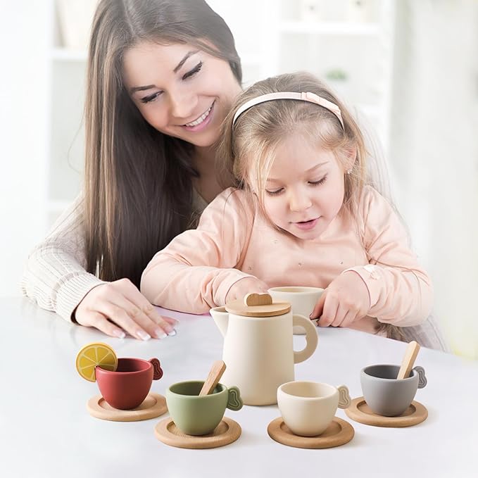 Enchanting Wooden Tea Party Set - Silicone Teapot, Cups & Carrying Scoop - Perfect for Little Girls' Tea Party & Kitchen Play - Toddler Gift