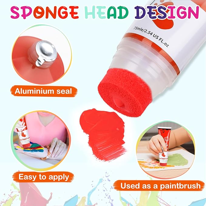 Washable Finger Paint for Toddlers, 8 Colors Large Capacity (2.54fl Oz) with Sponge Tip, Non-Toxic Baby Safe Paint for Hand and Feet, Art Supplies, Preschool Learning Gifts, Ages 1-3 4 5 6+