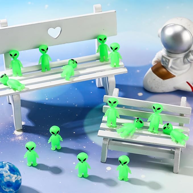 25 Pcs Mini Alien Figures Glow in The Dark Small Little Tiny Aliens Figurine to Hide and Seek for Space Party Favors Prank Rubber Toys Bulk Gifts for Halloween Party Goodie Bag Fillers