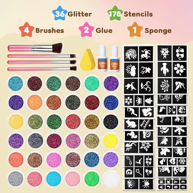 Glitter Tattoo Set, Bledras 36 Colors Kids Tattoo Set, 178 Stencils, 5 Brushes, 2 Glue, Flash Tattoo Kit for Girls, Boys and Adults, Carnival Festival, Cosplay Parties, Games (Orange)
