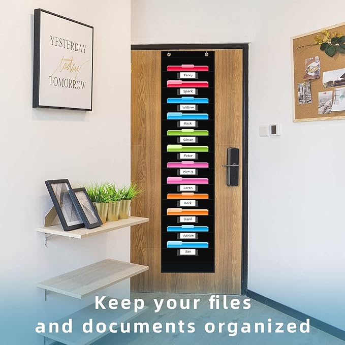 REGELETO 12 Pockets Storage Pocket Chart with 12 Nametag Pockets,Hanging Wall File Organizer for Classroom and Office, Organize Your Assignments, Files, Scrapbooks, Paper (Black)