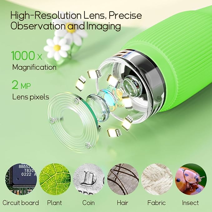 Kids Microscope Pocket Microscope -1000X Portable Microscope for Kid | Photo and Video Mini Microscopes | 2'' Digital Little Scientist Microscopes for 3-10 Age Years Old Boys Girls Toys Gifts