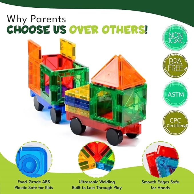 Magnetic Tiles 150 PCS with 2 Cars - STEM Building Blocks for Kids,Safe Magnatiles for 3+ Preschool Toddlers, Educational Gift for Boys & Girls