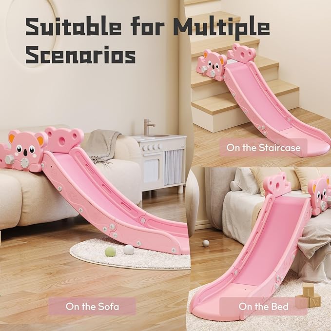 Kids Slide,L-Shaped Slide for Bed Couch Sofa Stairs,Toddler Slide for Indoor Outdoor Baby Kids Slide,Easy to Assemble,Convenient and Adaptable (Pink)