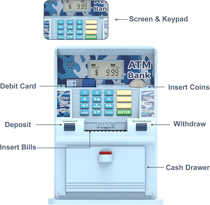 ATM Piggy Bank for Kids，ATM Bank Cash Coin Saving for Real Money with Debit Card，Coin Recognition, Balance Calculator, Electronic Savings Safe Box，Gift for Ages 6-13 Piggy Bank