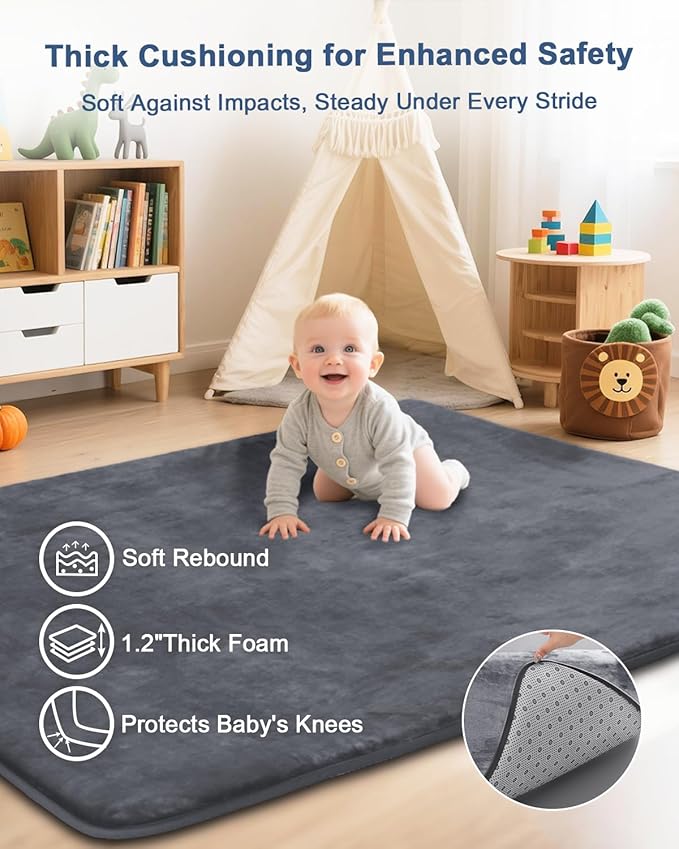 Thick Baby Play Mat for Floor,59 x 71 Playpen Mat,Large Tummy Time Foam Mat,Ultra Soft Support & Plush Feel Nursery Rug,Easy Care with Non-Slip Cushioned for Infant,Kids and Toddler Crawling,Dark Grey
