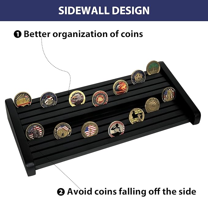 Challenge Coin Display Holder, 8 Rows Solid Wood Military Coin Stand Holds 60-70 Coins, Army Coin Display Rack for Desk (Black Finish)