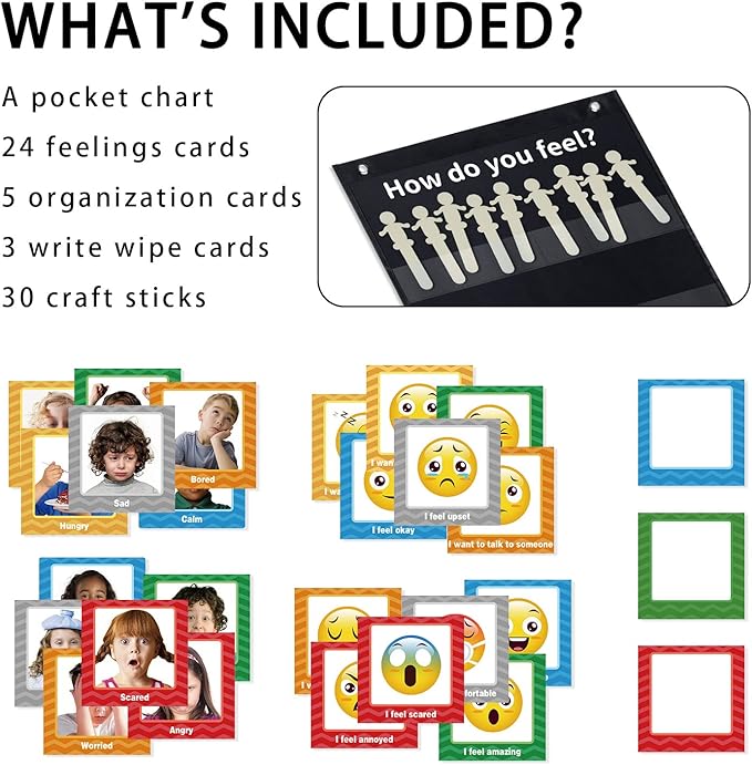 Boczif Emotions Feelings Pocket for Classroom Chart with 24 Cards for Preschool Teacher, Daycare Decor, Social Emotional Learning Activities, Calm Down Corner Supplies (Black)