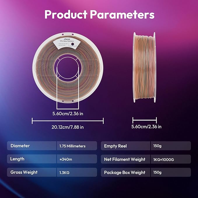 AMOLEN 95A TPU 3D Printer Filament, 1.75mm Glow in The Dark Rainbow Purple Pink Orange Blue, Soft TPU Flexible, High Hardness & Resilience, Best with UV Lamps, 1KG Spool(2.2lbs), Fit Most 3D Printers