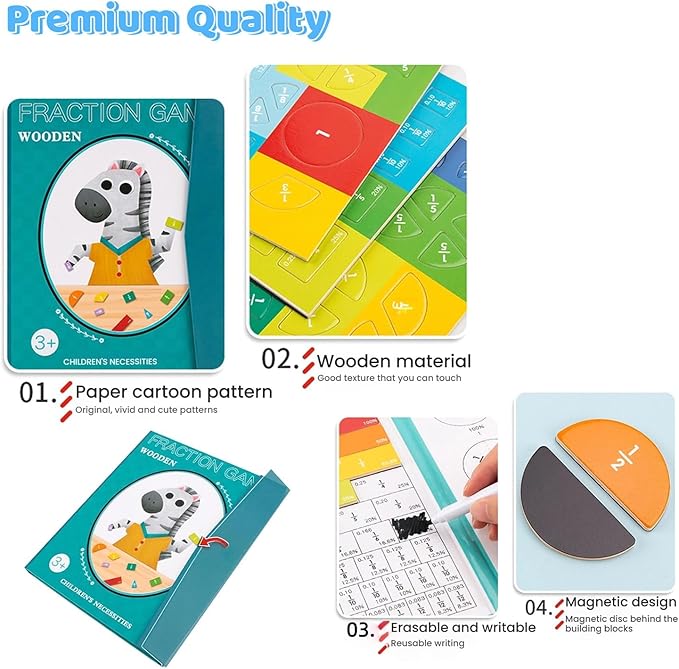Magnetic Fraction Demonstration Book, Magnetic Fraction Tiles, Fractions Manipulatives, Score Disk Demonstrator Math Puzzle Learning Building Block Set(1Set)