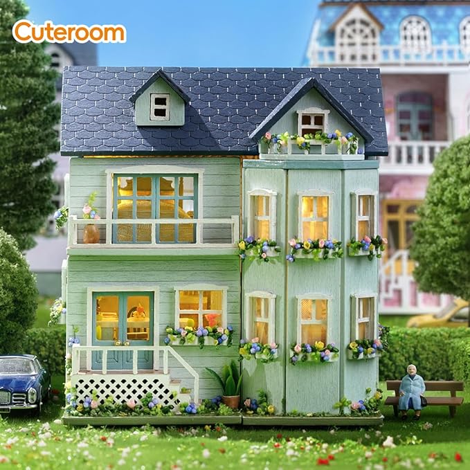 DIY Miniature House Kit, CUTEROOM Wooden Dollhouse Kit Mini House Making Kit with Furnitures, DIY Dollhouse Kit Birthday Gift for Women and Girls (Warm Manor)