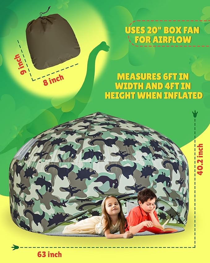 Skywin Inflatable Tent for Kids (Camo Dark Grey), Inflatable Air Tent for Kids Sets Up and Stores Away in Seconds, Improved Blow up Fort (Fan NOT Included) (Camo Dino)