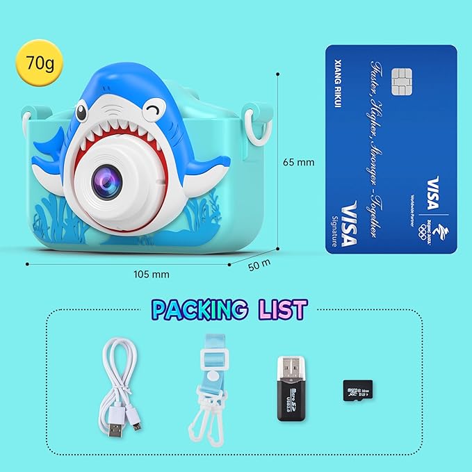 Shark Camera for Kids with Cartoon Silicone Cover, Digital Mini Camera Toys for 3 4 5 6 7 8 9 10 11 12 Year Old Boys Girls Birthday Chirstmas Gifts Ideas - Personal Video Players (Shark Blue)
