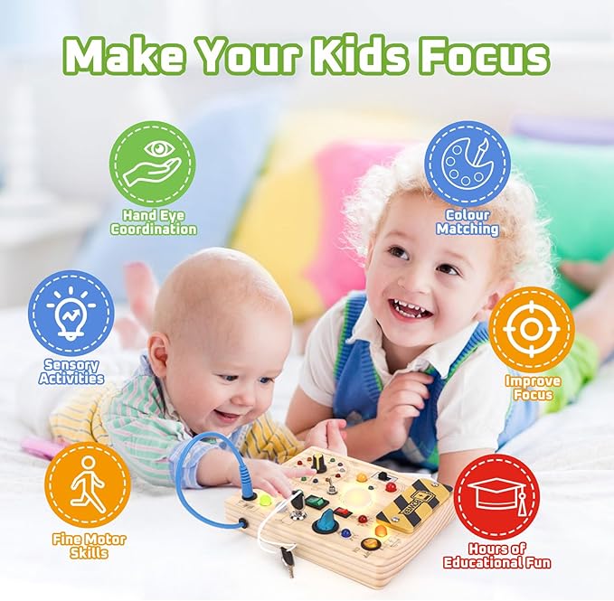 Toddler Toys Clock Busy Board with Led Light, Preschool Learning Activities Sensory Toys for Toddlers,Montessoti Toys for 1 2 3 Year Old