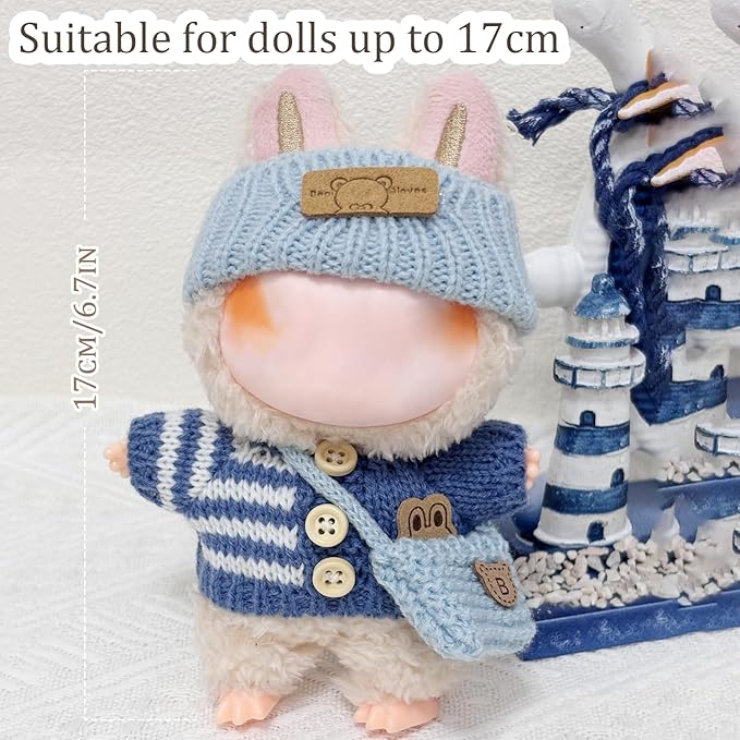 Clothes for 17cm Dolls Accessories Crochet 3 Piece Set Outfits for Doll(Blue Sweater)