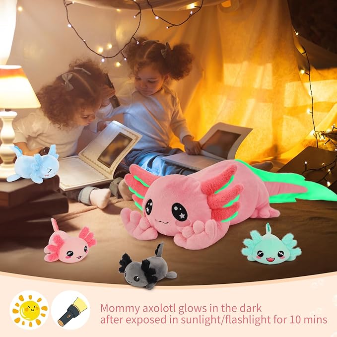 MaoGoLan 5 Pcs Axolotl Stuffed Animals with 4 Babies Inside Belly, Glow in The Dark Plush Axolotl Toys Cute Kawaii Pink Stuffed Salamander for Girls Kids Halloween Christmas Valentine's Day Gift