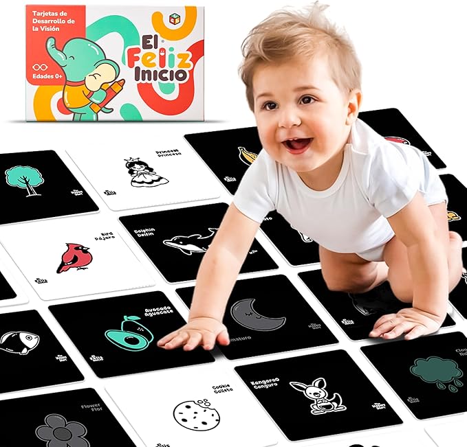 Happy Start High Contrast Baby Cards for Newborns - Black & White Cards, Water-Resistant, BPA-Free, Portable Educational Flashcards for Visual Stimulation, Award-Winning, Ages 0+ (English & Español)