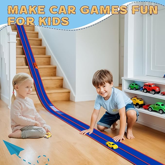 Flex Track 15 Ft Starter Set, Flexible Race Car Ramp Track for Ages 3 & Up with Suction Cups Compatible with Diecast 1/64th Cars (Blue & Red)