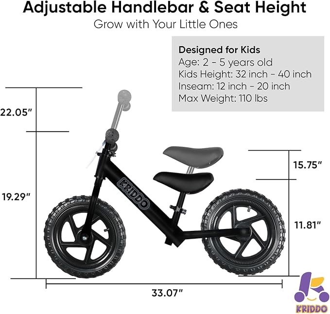 KRIDDO Toddler Balance Bike 2 Year Old, Age 24 Months to 5 Years Old, 12 Inch Push Bicycle with Customize Plate (3 Sets of Stickers Included), Steady Balancing, Gift Bike for 2-3 Boys Girls, Night