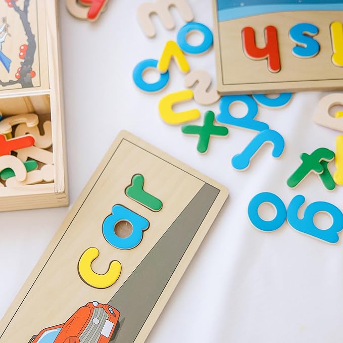 Melissa & Doug See & Spell Wooden Educational Toy with 8 Double-Sided Spelling Boards and 64 Letters Preschool Learning Activities, See & Spell Learning Toys for Kids Ages 4+