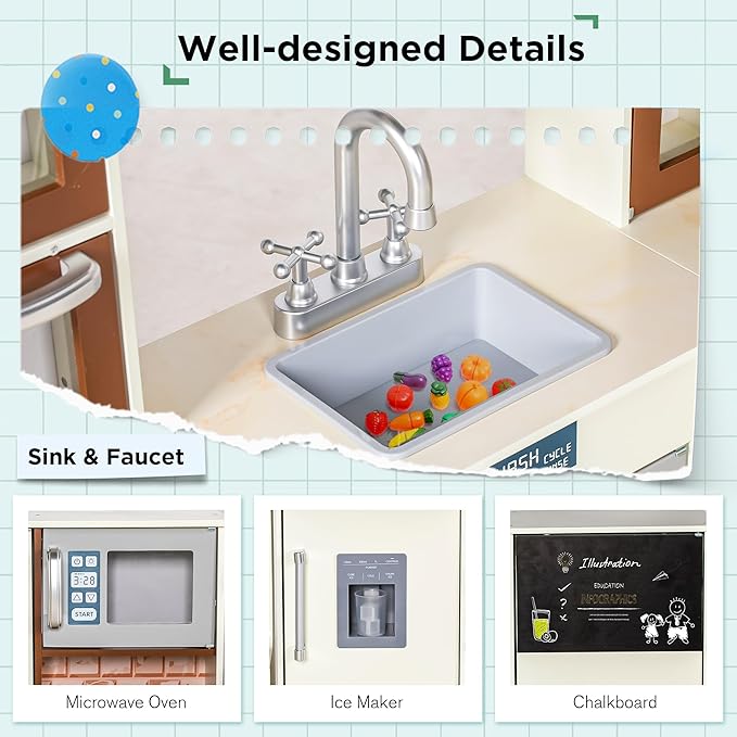 3-Piece Kids Kitchen Playset, Walk-in Wooden Play Kitchen Set for Toddlers, Modular Pretend Play Kitchen w/Light&Sound, Large Corner Kitchen Cooking Toy w/Coffee Capsule, Gift for Girls Boys