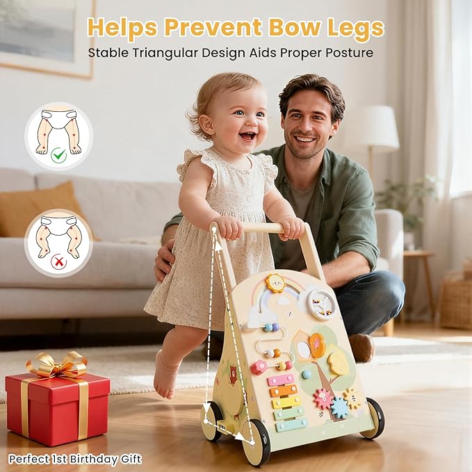 Wooden Baby Walker for 12 Months+, Montessori Push Walker for Babies Learning to Walk, Walker Toy Activity Center Adjustable Speed & Height, Wood Push Toy for Boys Girls 1st Birthday Gifts