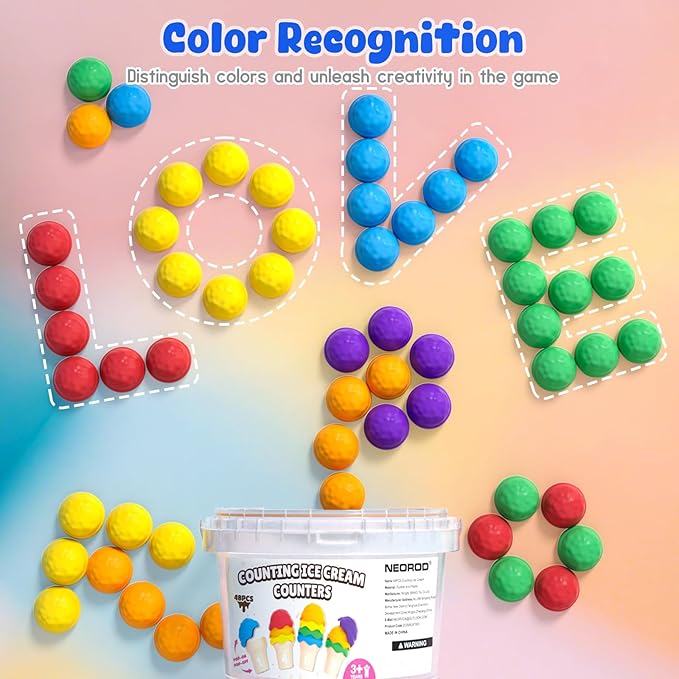 NEOROD Rainbow Ice Cream Counting Toy & Color Recognition Stacker，Sensory Math Manipulatives for Toddler Preschool Learning Activities, Fine Motor Skills Toy,Set of 42 Scoops，6 Cones, a Container.
