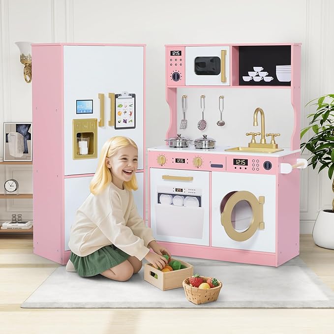 Play Kitchen Sets for Kids, Pretend Wooden Kids Kitchen Playset, Interactive Toy Kitchen with Freezer, Washing Machine, Ice Maker & Large Storage Space, for Boys Girls Ages 3+, Pink