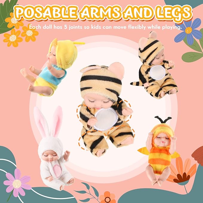 Hanaive 4 Pcs 4 Inch Mini Baby Dolls Lifelike Realistic Baby Dolls Animal Clothes Cute Tiny Gifts for Kids Birthday Party(Vivid Style)