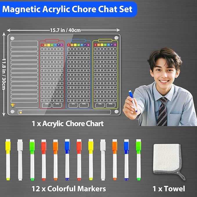 PigPotParty Acrylic Magnetic Chore Chart for Multiple Kids, 3-Kid Family, 16"x12" Large Dry Erase Chore Board, Responsibility Chart for Teens & Adults, with 12 Markers & Towel